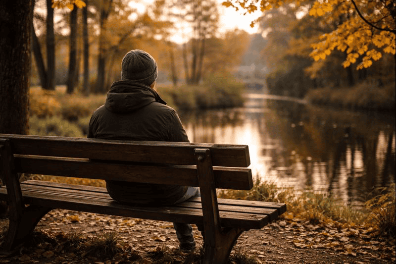 Woman sitting on bench looking at calm water